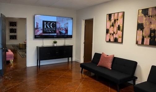 Media lounge with smart TV and blush accents